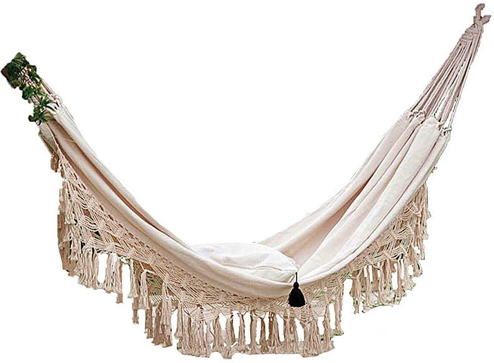 Jalann Large Double Natural Ecru Cotton Hand Woven Hammock with White Crochet Fringe, Two Person Bed for Backyard, Porch, Outdoor and Indoor Use - Soft Woven Cotton Fabric, with Bold Rope
