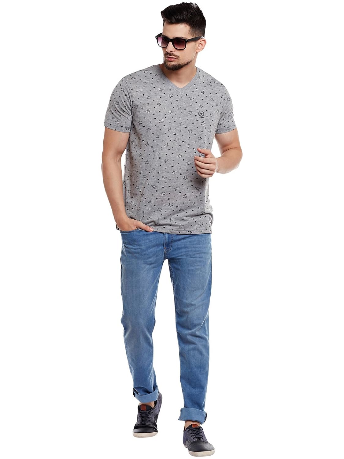 vimal printed grey melange v neck cotton tshirt for men(pack of 1)