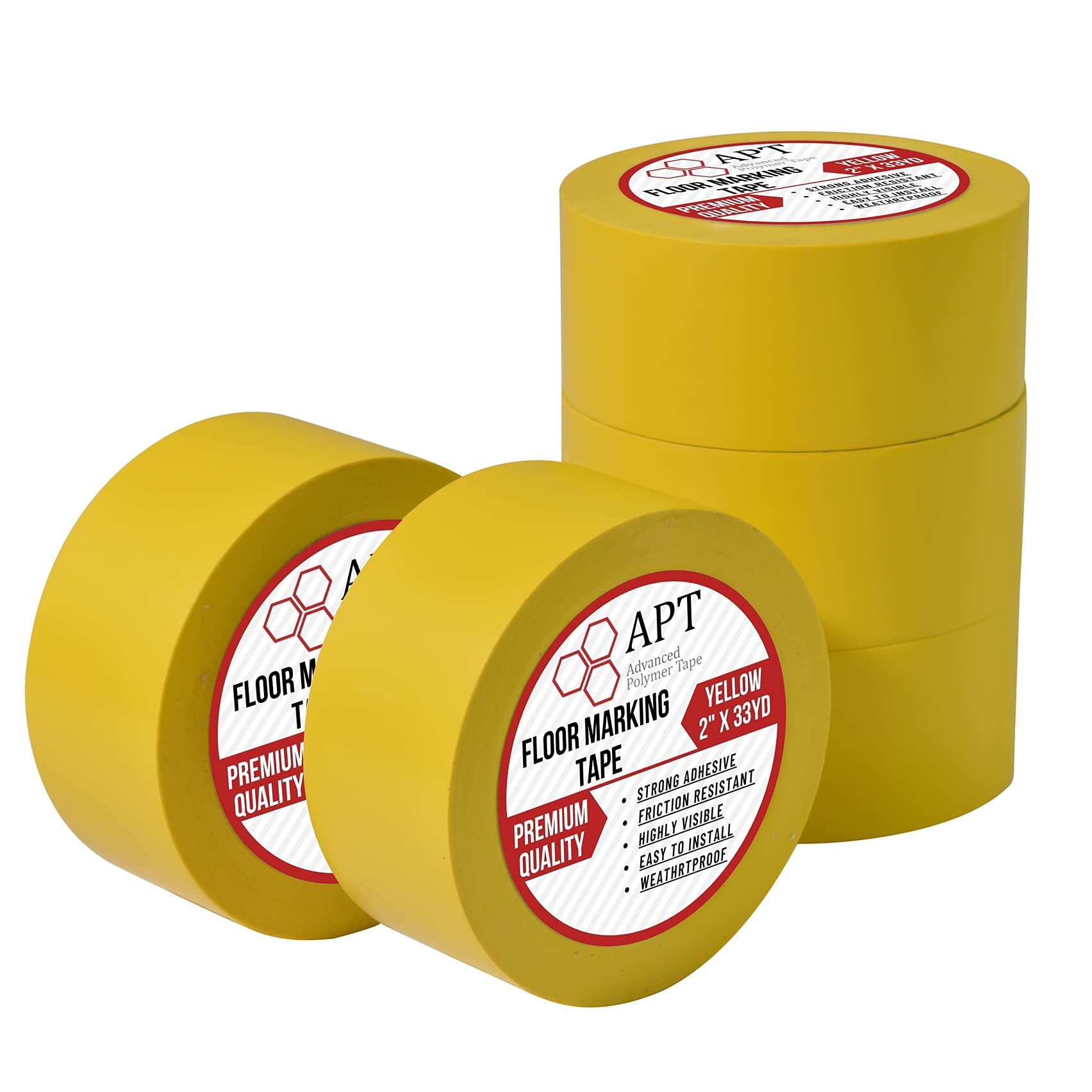 APT, PVC Marking Tape, Premium Vinyl Safety Marking and Dance Floor Splicing Tape, 6 mil Thick,51mmx30M, Mulit-Color (51mm x 30M(5 Rolls), Yellow)