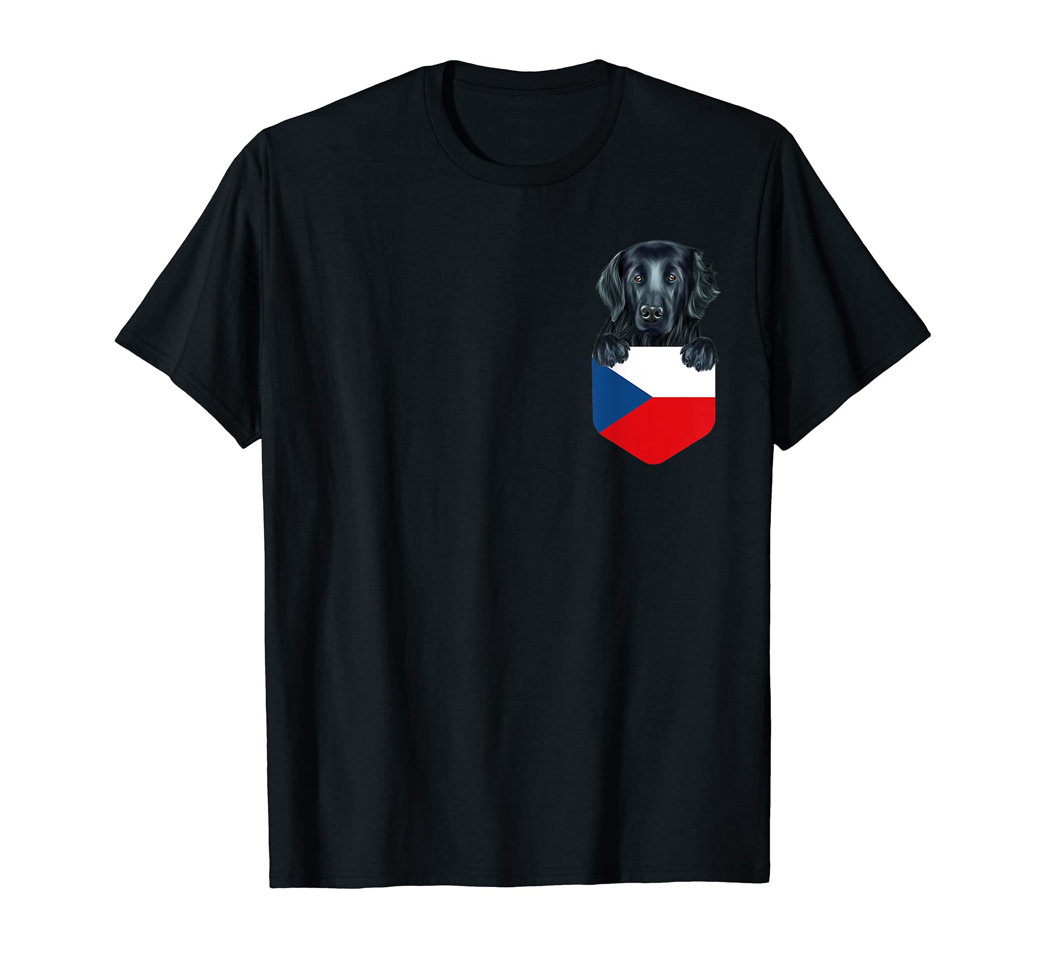 Czech Republic Flag Flat-Coated Retriever Dog In Pocket T-Shirt