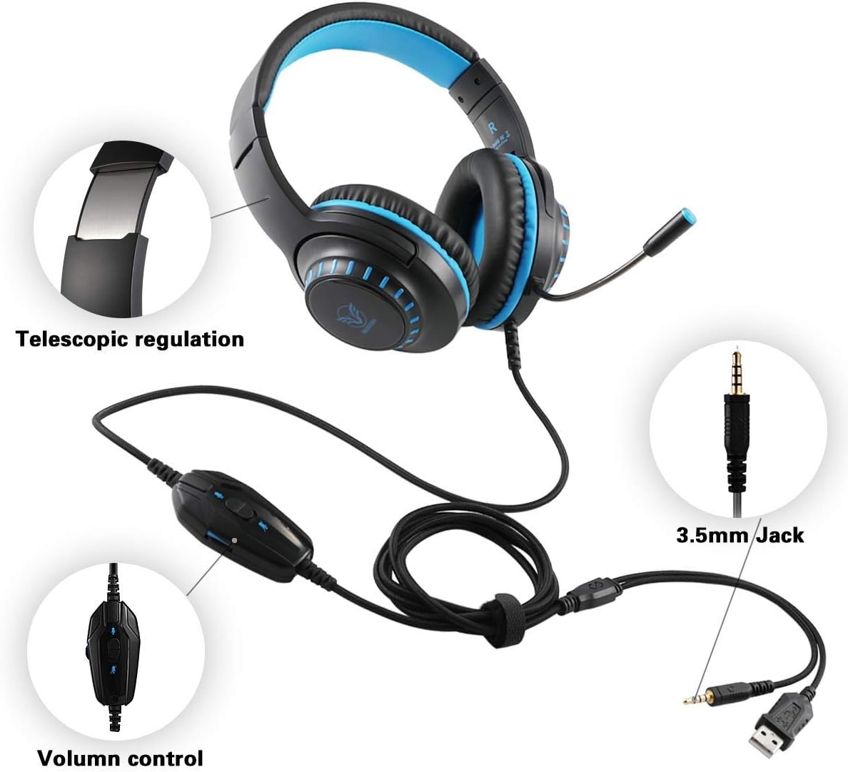 Pacrate Gaming Headset for PS4 PC Xbox One Headset with Microphone Noice Cancelling Stereo Surround Sound Headphone with LED Light Intense Bass for PC Laptop Mac (Black Blue): Home Audio & Theater