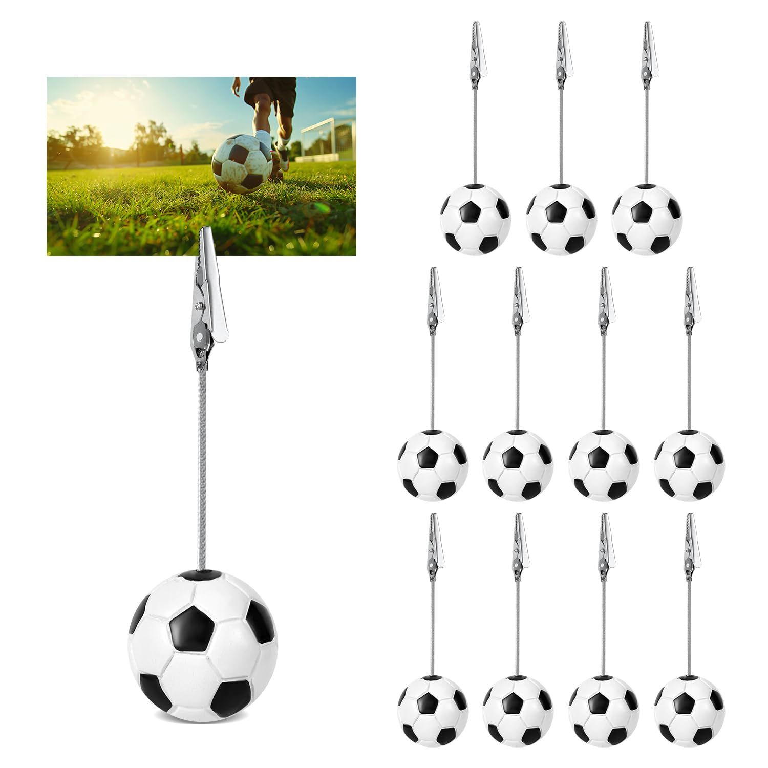 12pcs Resin Ball Base Memo Clips, Table Card Holders with Alligator Clips Table Picture Holder Place Card Stands Table Number Card Photo Holders for Sports Wedding Party Office Decor (Soccer)