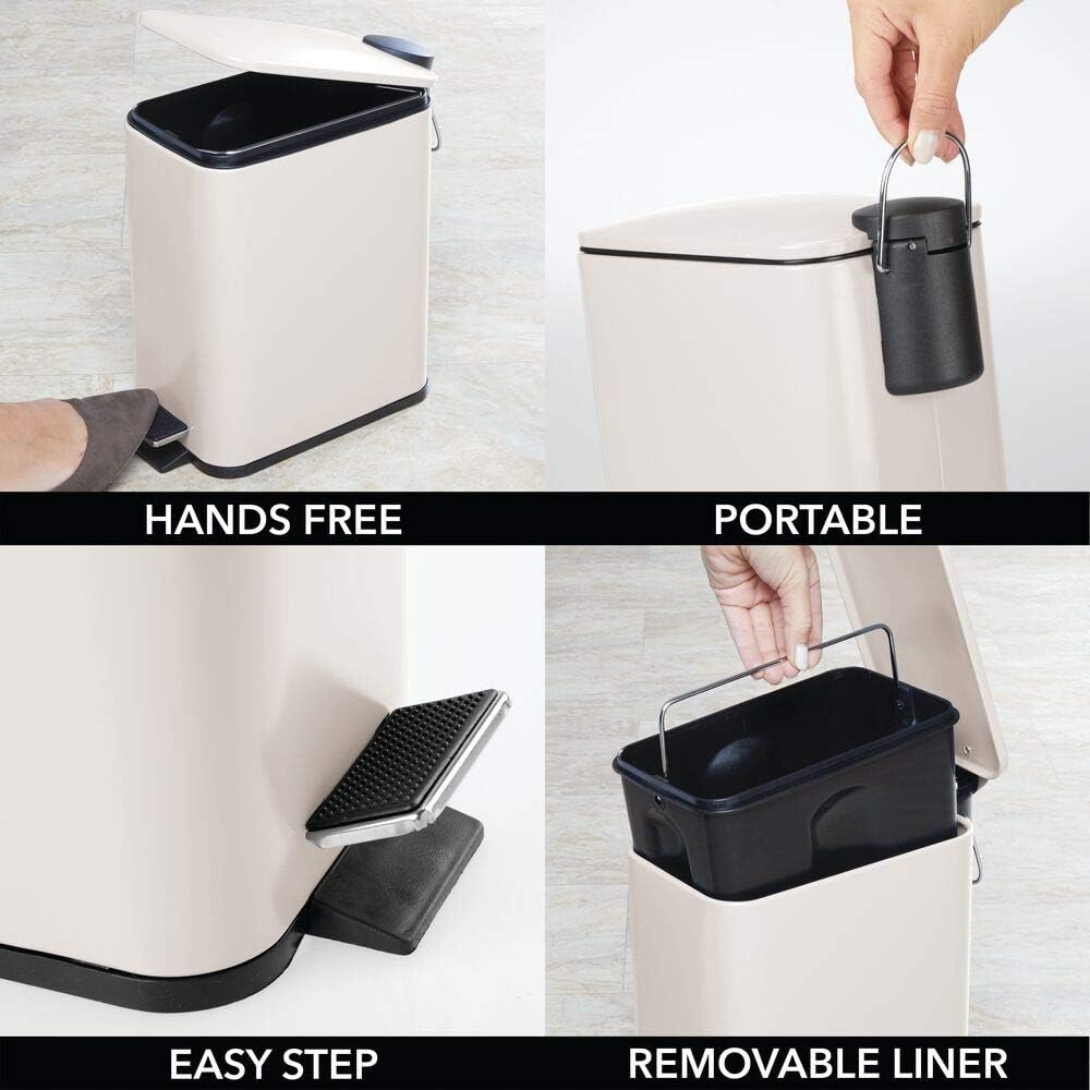 mDesign Rectangular Pedal Bin, 5 L Metal Waste Bin with Pedal, Lid and Plastic Bucket Insert - Image 5