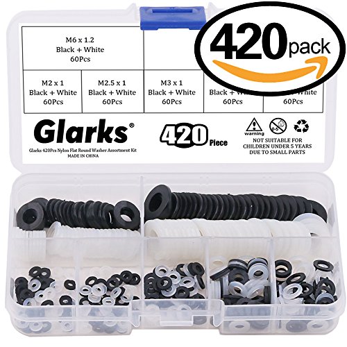 Glarks 420Pcs Black and White Nylon Flat Round Washer Assortment Kit - M2 M2.5 M3 M4 M5 M6 M8