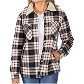 Women's Long Sleeve Plaid Fleece Jackets| Super Plush Sherpa Lined Shirt Jacket Tops with Pockets (XS, Black-Wood Rose)