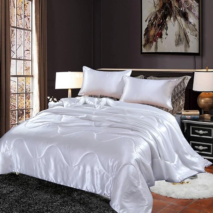White Silky Stain Comforter Set Queen Size, Lightweight Comforter