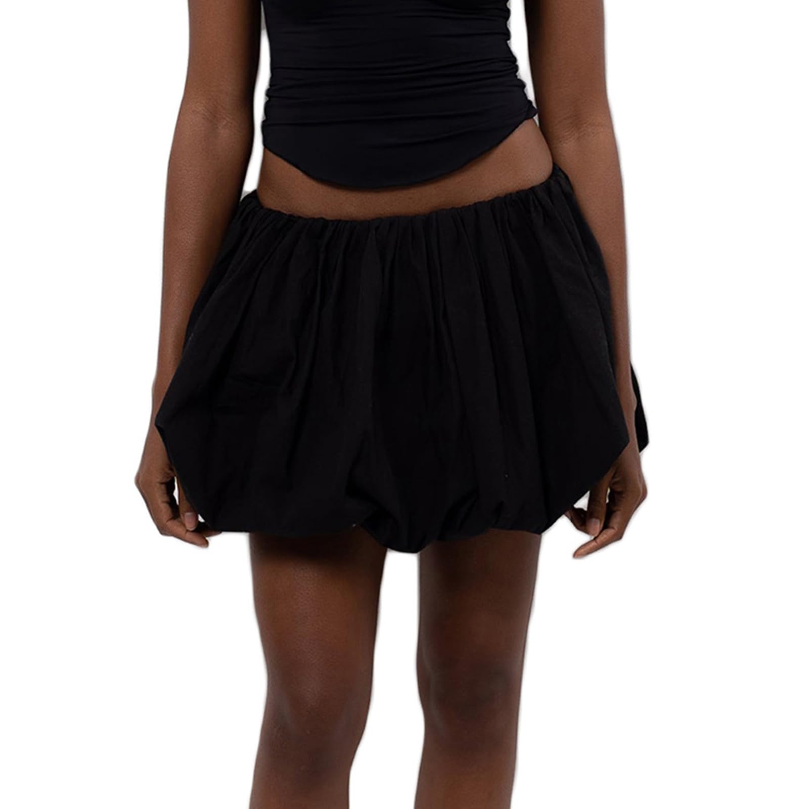 Qianderer Women Y2K Bubble Skirt High Waist Ruffle Hem Flared Mini Skirts Puffy A Line Pleated Mini Short Skirt Streetwear (Ba Black, XL)