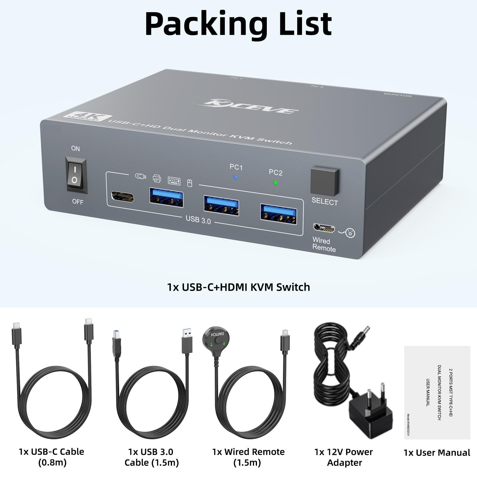 KVM Switch 2 PC 2 Monitore für 1 Laptop und 1 Desktop 4K@60Hz,USB C HDMI Dual Monitor KVM-Switches mit 4 USB 3.0 Port,80W PD Aufladung,USB-C Kabel,Verdrahtete Fernbedienung und 12V Netzteil Inklusive 9