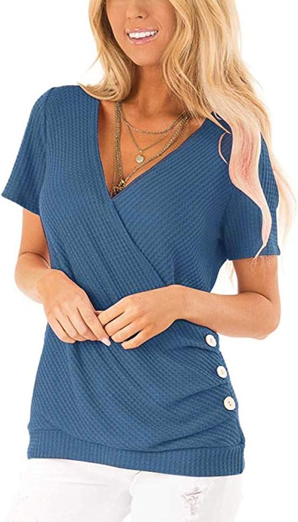 Aniywn V-Neck Women's Button Loose Plain T-Shirts Tunic Tops Blouse S-Xxl