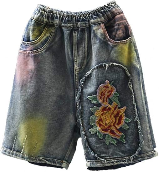 NSDKZS Shorts Sommer Retro-Stickerei Blumen Farblich Passende Denim
