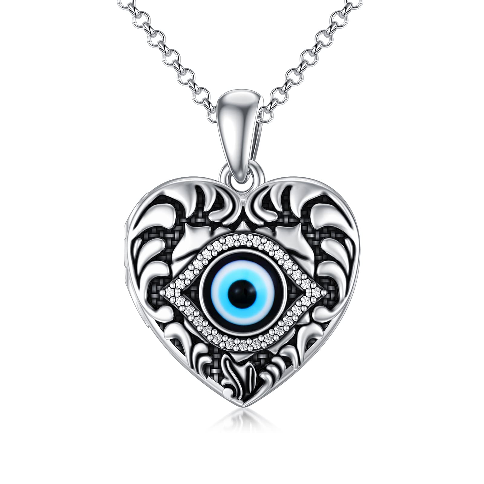 SOULMEET Sterling Silver Heart Shaped Evil Eye Locket Necklace That Holds Pictures Photo Personalized Locket Necklace