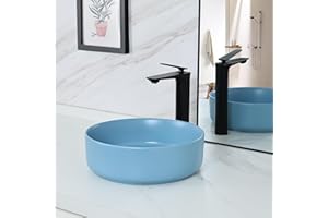 bathivy 14.2" Matte Blue Round Vessel Sink with Pop Up Drain, Bathroom Vessel Sink, Bathroom Sinks Above Counter, Vessel Sink for Bathrooms, Ceramic Porcelain Vessel Sink, Bathroom Sink Bowl Art Basin