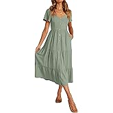KIRUNDO Women 2025 Spring Summer Casual Short Sleeve Midi Dress Button V Neck Tiered Vacation Sundress with Pockets