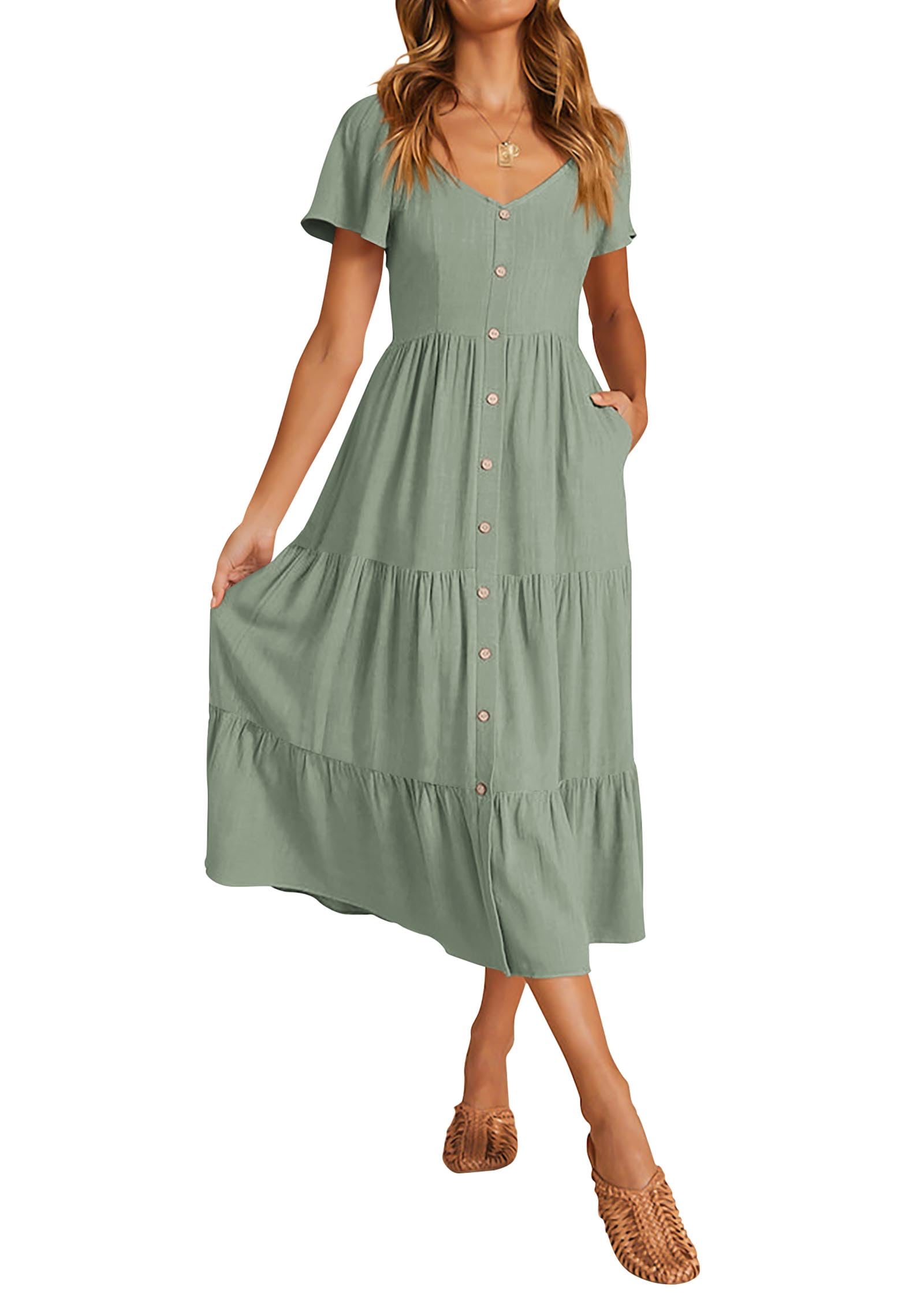 Photo 1 of KIRUNDO Women 2025 Spring Summer Casual Short Sleeve Midi Dress Button V Neck Tiered Vacation Sundress with Pockets(Green, Small)