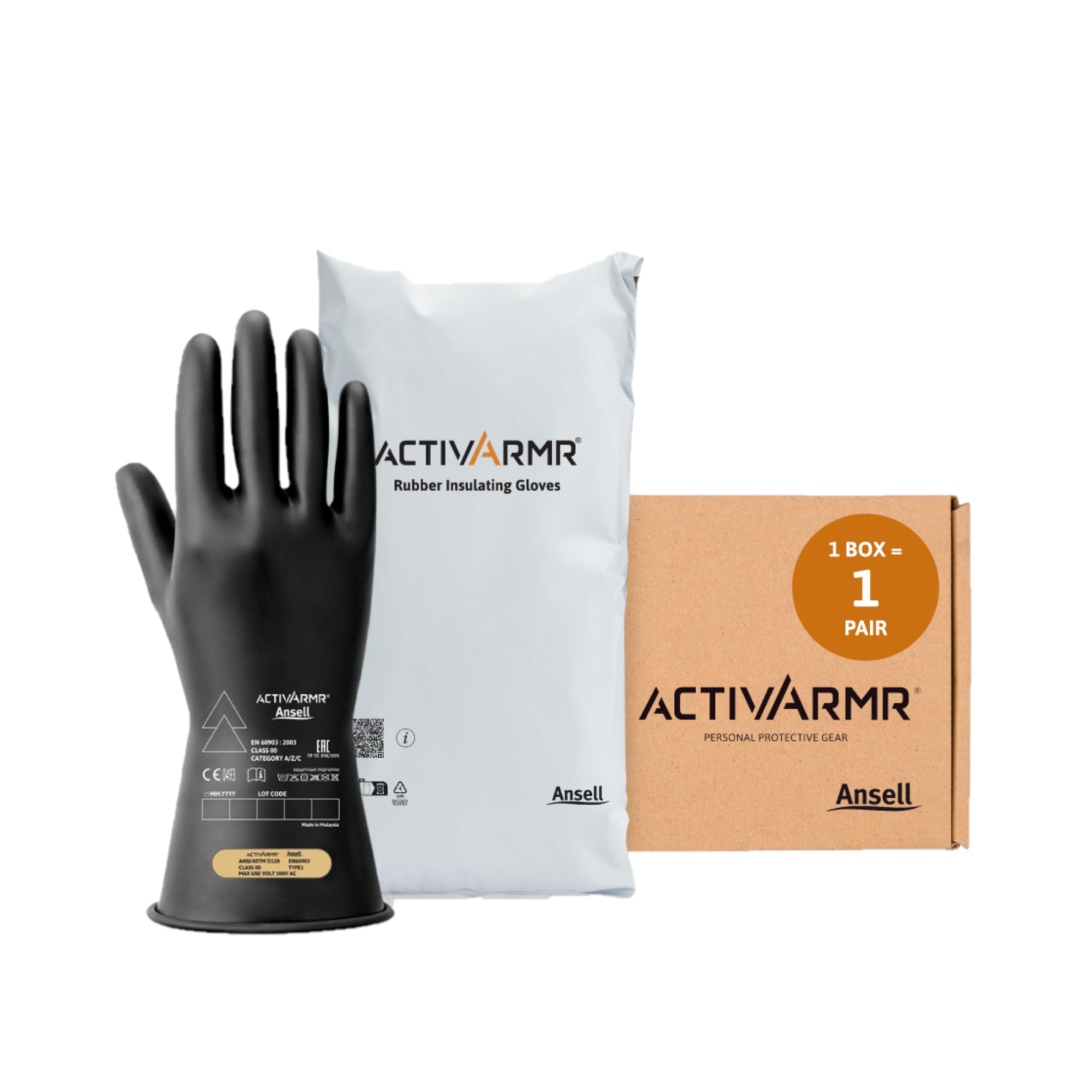 Ansell ActivArmr Electrician Work Gloves, Electrical Protection Class 00 (500V), Insulating Natural Rubber Latex Gloves, Industrial Safety PPE, 11 Inches, Black, Size XL (1 Pair)