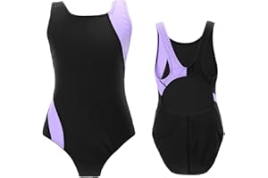 MODNTOGA Kids Girls Athletic Swimsuit One Piece Solid Swimwear for Practice and Competition in Black and Navy Bathing Suit