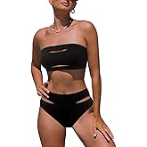 popvil Women's Strapless High Waisted Bikini Sets Sexy Bandeau Swimsuits Two Piece Bathing Suits Black