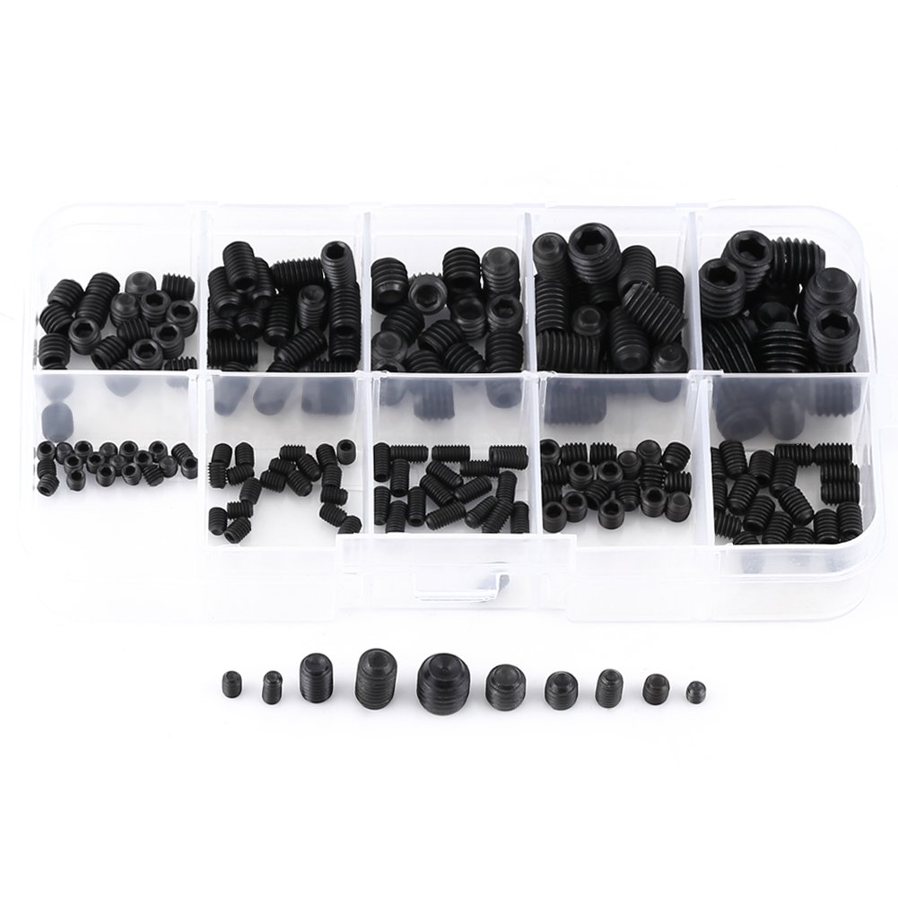 Hex Socket Head Grub Screw Set Assortment Kit (with Plastic Box) M3-M8 12.9 Grade Black Alloy Steel 200Pcs