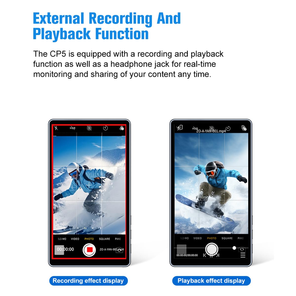 Shimbol CP5 Lite displaying recording and playback interfaces on its screen.