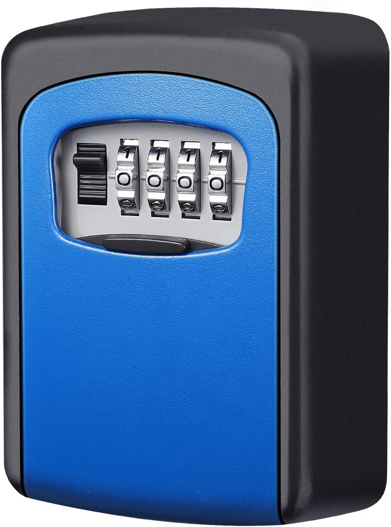 KeeKit Key Lock Box, 4 Digit Combination Key Storage Lock Box, Wall Mount Key Safe Box, 5 Key Capacity Waterproof for The Keys of Car, House, Warehouse, Office, Indoor & Outdoor – Blue