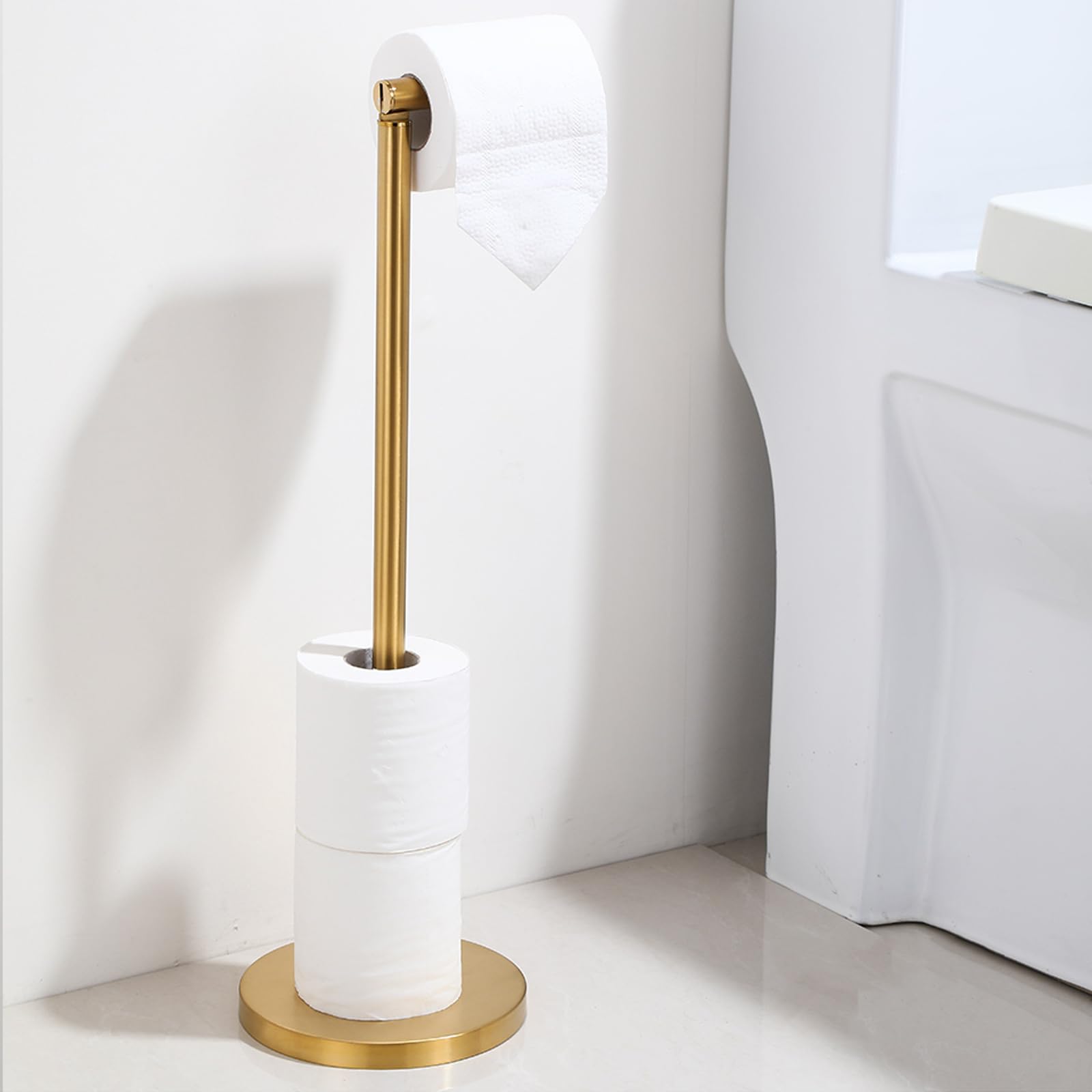 XQZMD Standing Toilet Paper Holder, 304 Stainless Steel Toilet Paper Holder with Heavy Duty Base, Freestanding Anti-Rust Toilet Paper Storage, Toilet Roll Holder Toilet Paper Stand (Gold)