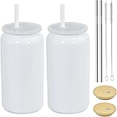 Icesip 16oz Stainless Steel Tumbler, 2Pack Double Wall Insulated Mason Jar, Sublimation Beer Can with Lids and Straws, Iced Coffee Cups for Water Cola Coffee Soda Tea