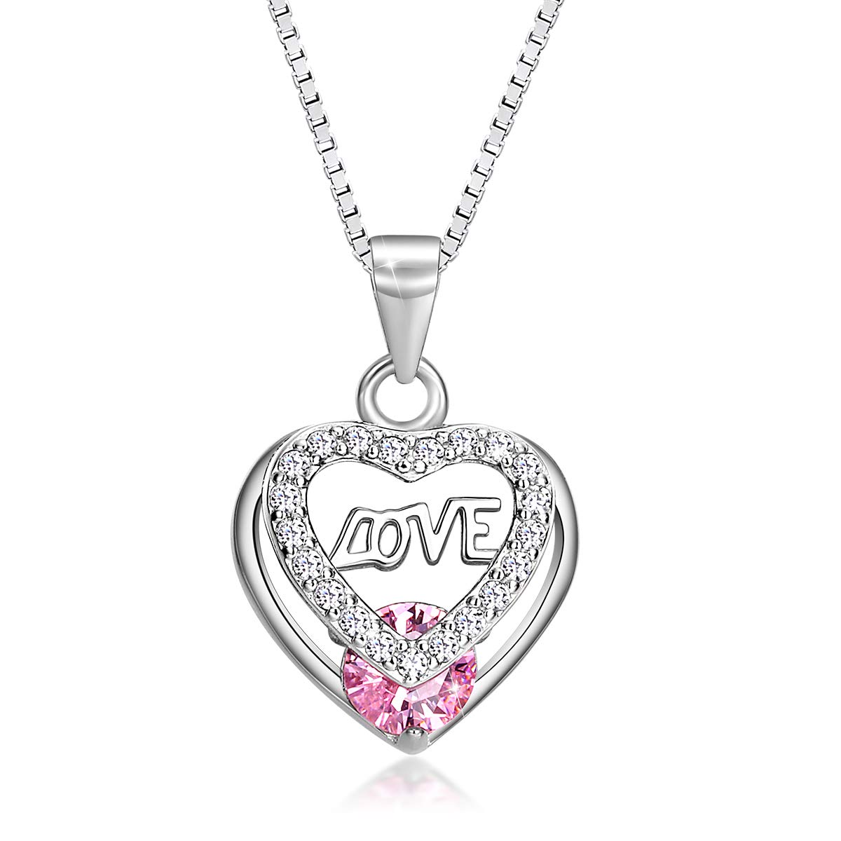 PEARLOVE Love Heart Necklace,925 Sterling Silver Necklace,Heart Pendant with Cubic Zirconia Necklace for Women Girls