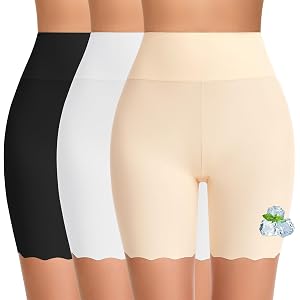 FRESBEIT Cooling Slip Shorts for Women Under Dress Anti Chafing Biker Short | High-Waisted seamless shapwear shorts scalloped