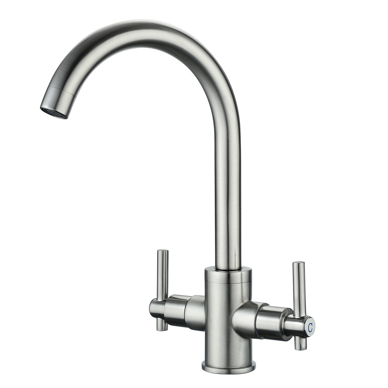 Funime® Brushed Kitchen Sink Taps Mixers Traditional Dual Lever Monobloc 360 Swivel Spout Stainless Steel Kitchen Mixer Taps 1 Hole Brushed Nickel Sink Faucet Hot Cold Mixer