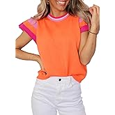 SHEWIN Womens Color Block Tops Casual Crewneck Short Sleeve Pullover Sweater Knit Lightweight Beach Vacation Clothes