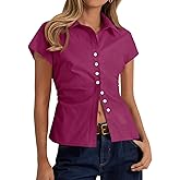 Cicy Bell Womens Summer Button Down Shirts Short Sleeve Slim Fit Ruched Cotton Blouses Cute Going Out Tops