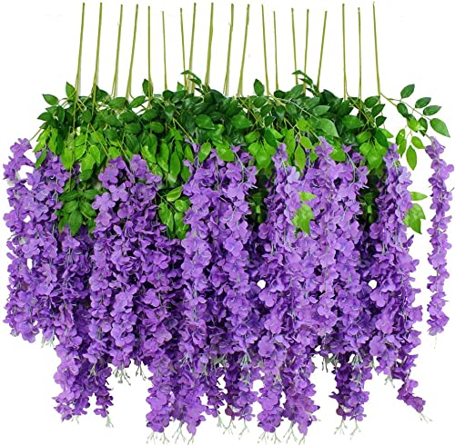 12pcs Artificial Wisteria Flowers 43 inch/Piece Purple Dense Artificial Fake Wisteria Vine Ratta Hanging Garland Silk Flowers String Home Party Wedding Decor (Purple-Dense)