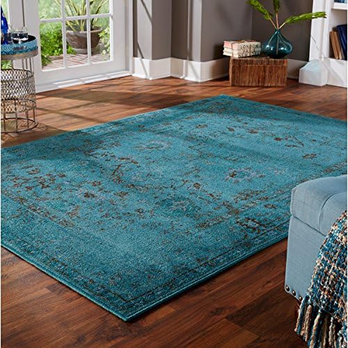 Over-dyed Distressed Traditional Teal/ Grey Area Rug (5' x 7'6)