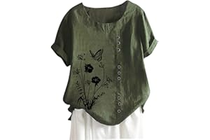 JEGULV Women Cotton Linen Tshirt Tops Casual Loose Fit Trendy Floral Printed Tunic Tees Short Sleeve Plus Size Button Blouses