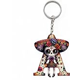 Uniland Alphabet Initial Letter Keychains | 2D Flat Acrylic Keychain,Mexican D&iacute;a de los Muertos tradition Themed Bag Charm, UV Printing,Gift Giving, emotional support