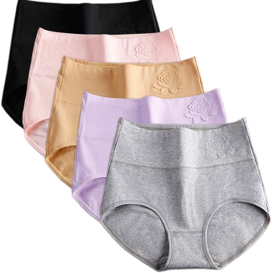 PHOLEEY Womens High Waist Underwear Cotton Panties Full Coverage 5 Pack