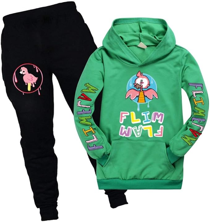 Flamingo Flim Flam Hoodie Set Unisex Kids Cartoon 2 Piece Hoodie+Trousers Tops Boys Girls (Green 