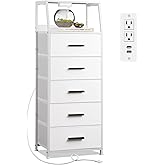 NASHZEN Nightstand 5 Drawer Dresser with Charging Station, Side Table with Fabric Drawers, End Table with Open Shelf, Tall Dresser for Bedroom, Hallway, Entryway