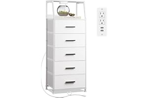 NASHZEN Nightstand 5 Drawer Dresser with Charging Station, Side Table with Fabric Drawers, End Table with Open Shelf, Tall Dresser for Bedroom, Hallway, Entryway