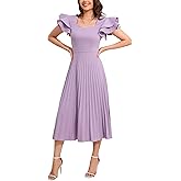 VERWIN Short Sleeve Square Neck Women's Maxi Dress Casual Ruffle Sleeve Prom Dress Pleated Stretchy Dress