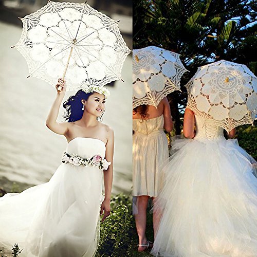 Vintage Lace Parasol Umbrella for Bridal Wedding Party Decoration Photo Props Costume Accessory (White)