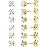 MDFUN Hypoallergenic CZ Stud Earrings Set for Women/Men,6 Pairs 18K Gold Plated Round 3-8mm Clear Cubic Zirconia Earring Pack Jewelry Gift
