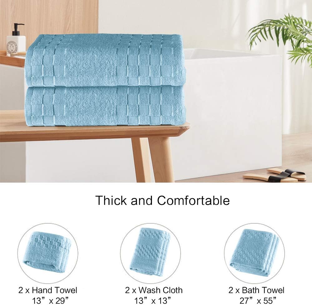 DIAOJIA Bath Towels Blue, 100% Cotton Towels, 6 Piece Towels Set, Absorbent, Soft and Fluffy, Including 2 Bath Towel 27”x 55”, 2 Hand Towel 13”x 29” and 2 Wash Cloth 13”x 13”(Blue): Kitchen & Dining