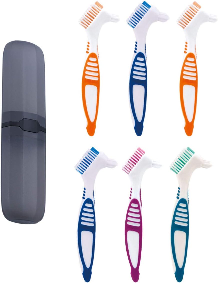 6 Pcs Denture Brush Hard Denture Toothbrush False Teeth Cleaning Brush with Premium Black Carrying Case for Denture Care Denture Cleaning (4 Colors): Health & Personal Care