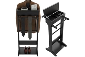 GLSCASA Wooden Valet Stand Clothes with Shoe Shelf, Coat Hanger and Hat Rack, Mens Valet Stand with Storage Organizer, Display Free Standing, Black