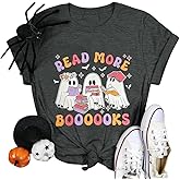 Halloween Teacher Shirts for Women Groovy Read More Books Ghost T-Shirt Short Sleeve Halloween Party Tee Tops