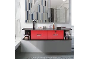 RESHABLE Wall Mount Salon Station with Locked Drawers, Styling Barber Station for Hair Stylist, Barbershop Bathroom Dresser Barber Studio, Black and Red