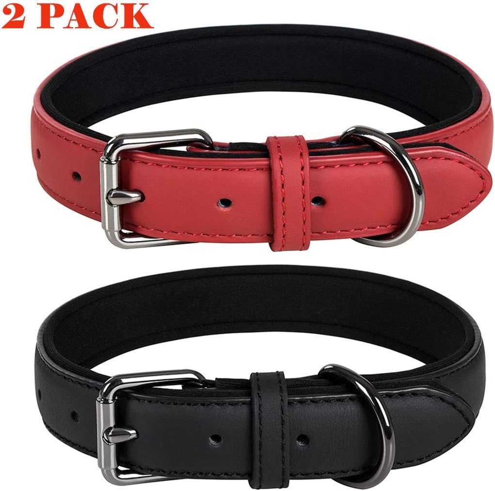 Coohom 2 Pack Genuine Leather Soft Waterproof Fabric Padded Dog Collars,Durable Adjustable