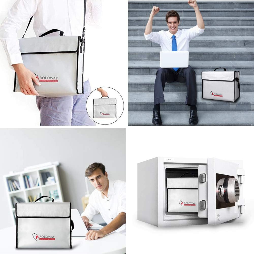 ROLOWAY Fireproof Document & Money Bags, Large Fireproof & Water Resistant Bag (16 x 12 x 5 inches), Fireproof Folder Safe Bag for Cash, Valuables & Passport, with Silicone Coating & Zipper Closure - - 
