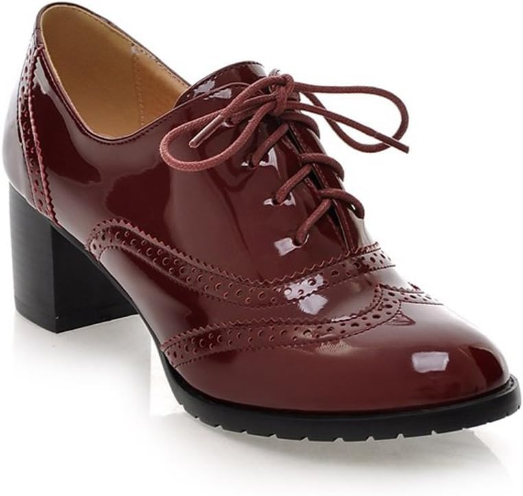 Mostrin Women's Lace Up Wingtip Oxford Shoes Classic Fashion Patent Leather Chunky Heel Bootie